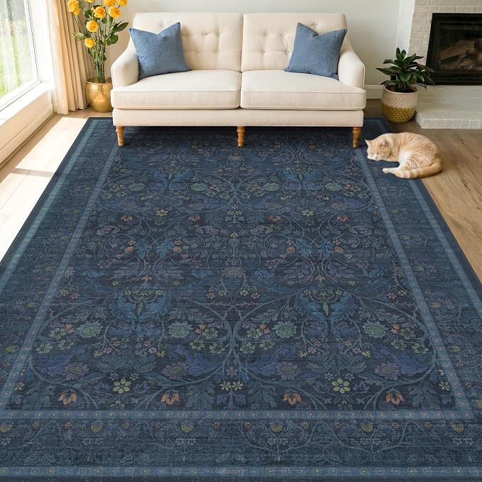 Navy Blue 8x10 Large Rugs for Living Room, Machine Washable Soft Dark Blue Area Rugs for Bedroom, Low Pile Carpet with Vintage & Boho Décor Floral and Botanical Pattern