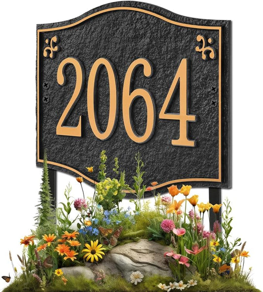Personalized Address Plaque Sign - LAWN MOUNTED, House Address Signs for Outside Use for House,Apartment,Office,Yard (Black/Gold)