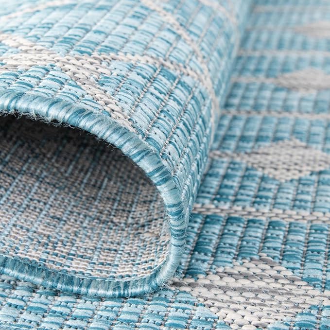Unique Loom Outdoor Trellis Collection Area Rug - Tribal Trellis (7' 10" Square, Aqua/ Ivory)