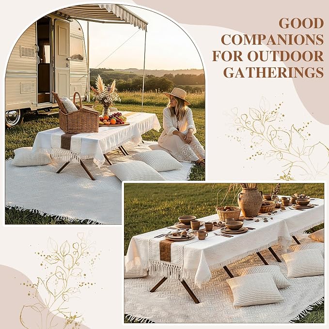 Novabright Picnic Kit Folding Picnic Table Extra Large Outdoor Boho Blanket Beige Table Runner Floor Pillow Covers Woven Cotton Oversize Washable for Camp Wedding(Cream White,Pillow Covers,20 Pcs)