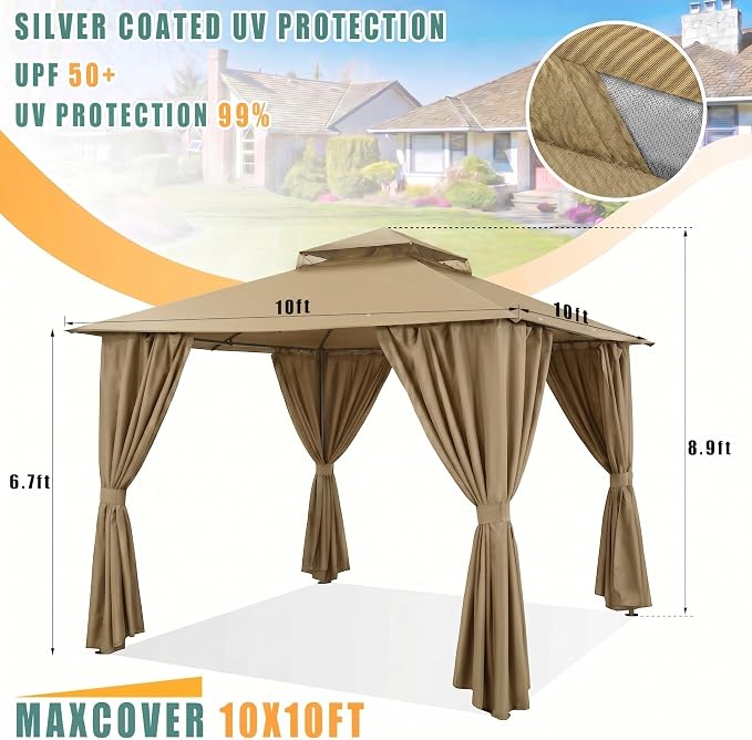 COBIZI 10x10 Gazebo with Double Roof & Mosquito Netting Outdoor Heavy-Duty Party Tent, Patio Tent with Zipper Screens - Backyard Garden Lawn Shelter Includes Wind Ropes Expansion Bolts, Khaki