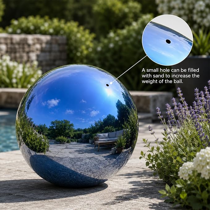 Gazing Ball Garden Mirror Outdoor - 8 Inch Outside Decorative Globe, Blue | Metal Polished Reflective Sphere, Stainless Steel Hollow Decoration Ornament for Home Pond Swimming Pool Housewarming Gift