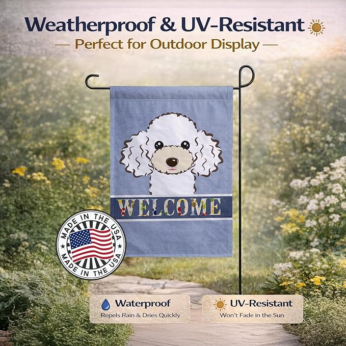 Caroline's Treasures BB1443GF White Poodle Welcome Garden Flag, Blue Mailbox Flag Decorative Yard Flag Banner Outside Patio Artwork Yard Flower Beds, Garden Size, Multicolor