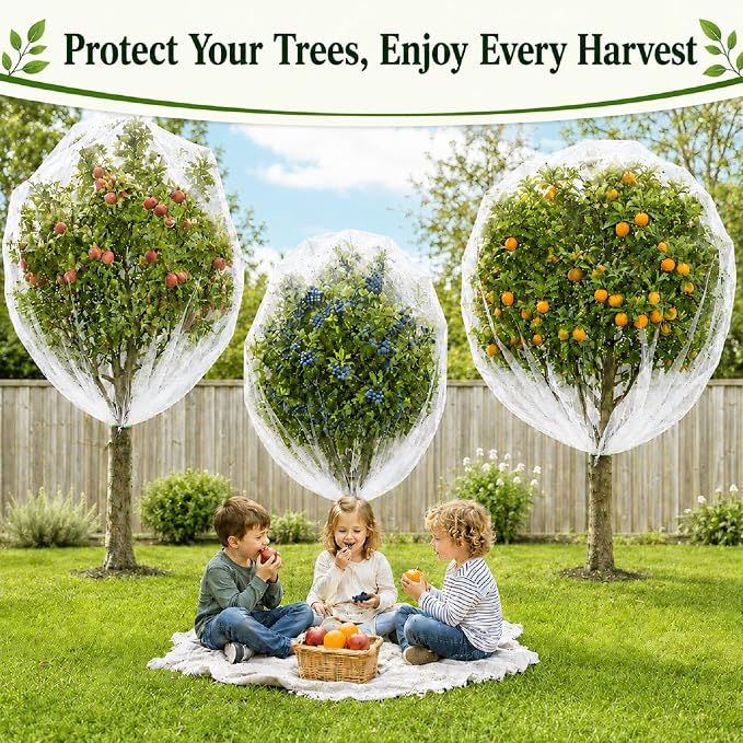 3 Pack 10 x 10 ft Large Fruit Tree Netting Covers with Zipper & Drawstring, Extra Fine Mesh Garden Netting for Blueberry Peach Apple Trees, Protects Fruit from Birds, Squirrels, Deer, Cicadas, Beetles