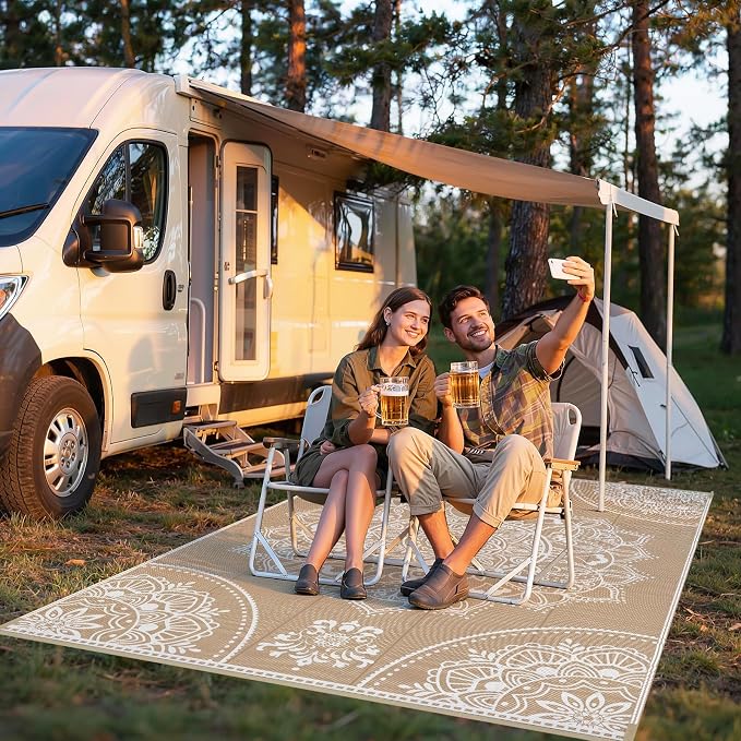 Pauwer Waterproof Outdoor Rug 6x9, Reversible Plastic Straw Patio Camping Rug, Indoor Outdoor RV Mat Carpet for Deck, Camper, Porch, Balcony, Backyard, Picnic, Floral Brown