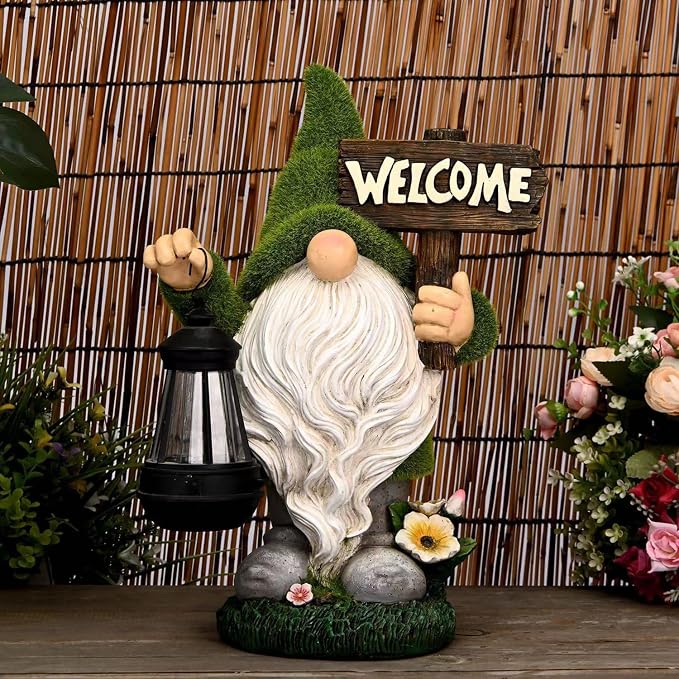Garden Gnome Statue Outdoor Decor Large Flocked Resin Gnome Figurine with Solar Light Holding Lantern Welcome Sign Garden Yard Decorations Dwarf Sculpture for Outside Patio Porch Lawn Decor.