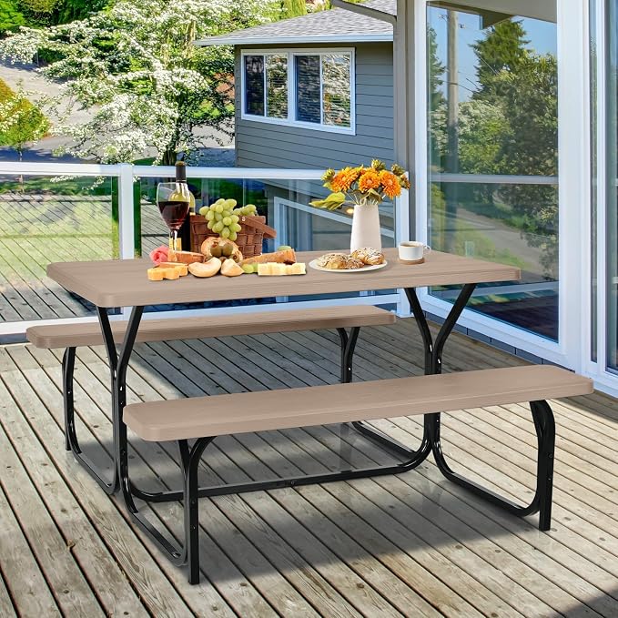 HAPPYGRILL Outdoor Picnic Table Bench Set with Metal Frame, Camping Table Set for Patio Backyard Poolside Garden Dining Party