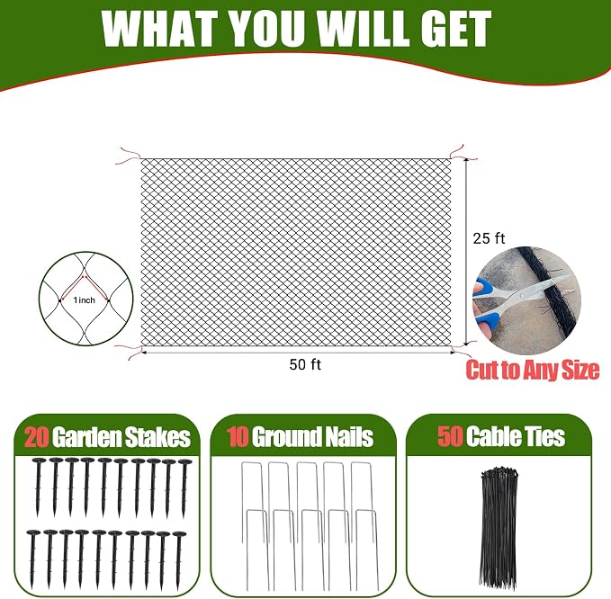 Anti-Bird Netting for Garden Chicken Coops - 1" Mesh Garden Netting Over Garden Hoops, Poultry Roof Netting, 25x50 ft Black Netting for Blueberry Bushes, Fruit Trees, Plants Against Squirrels