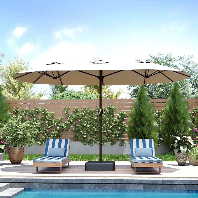 Kingdura 13ft Large Patio Umbrella with Base Included, Double-Sided Rectangle Outdoor Table Umbrella with 12 Reinforced Ribs, Crank Lift for Market Pool Deck Backyard, Beige