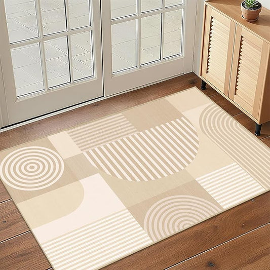 Beige Geometric Rug 2x3 for Entryway Machine Washable White Mid Century Modern Rug Non Slip Low Pile Minimalist Line Rugs Door Indoor Mat Carpet for Bathroom Bedroom Kitchen Laundry,Beige