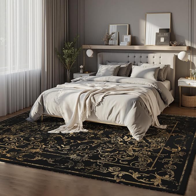 Nayoroom Black and Gold Baroque Area Rug, Machine Washable, 8 x 10 ft | Ornate filigree pattern; Symmetrical scroll border; Soft surface; Machine washable; Non-slip backing; Living room or bedroom