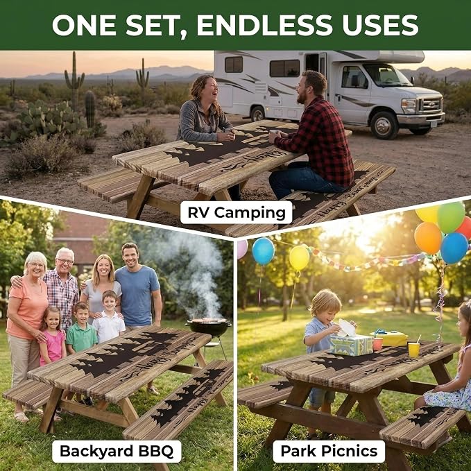 Picnic Table Cover with Bench Covers Elastic Edges, Wooden Camper Fitted Table Cover, Outdoor Patio Camping Essentials 72 Inch 3PCS, Waterproof Camping Fitted Tablecloth with Drawstring Bag