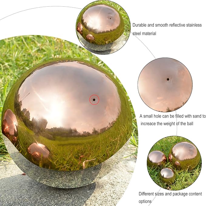 Gazing Ball Garden Mirror Outdoor, Outside Decorative Globe Rose Gold 10Pcs | Metal Polished Reflective Sphere, Stainless Steel Hollow Decoration Ornament for Home Pond Swimming Pool Housewarming Gift