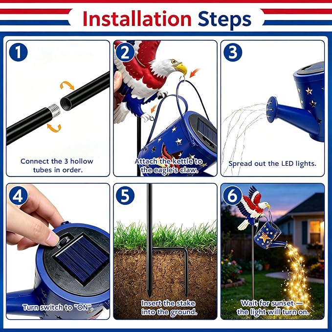 4th of July Decorations Outdoor Solar Eagle Watering Can Lights, 36 LED Solar Lights Outdoor Decorative Waterproof Metal Patriotic Garden Decor for Memorial Yard Art Patio