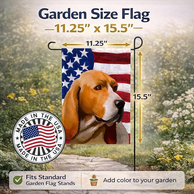 Caroline's Treasures CK6409GF Artois Hound Dog American Flag Garden Flag Mailbox Flag Decorative Yard Flag Banner Outside Patio Artwork Yard Flower Beds, Garden Size, Multicolor