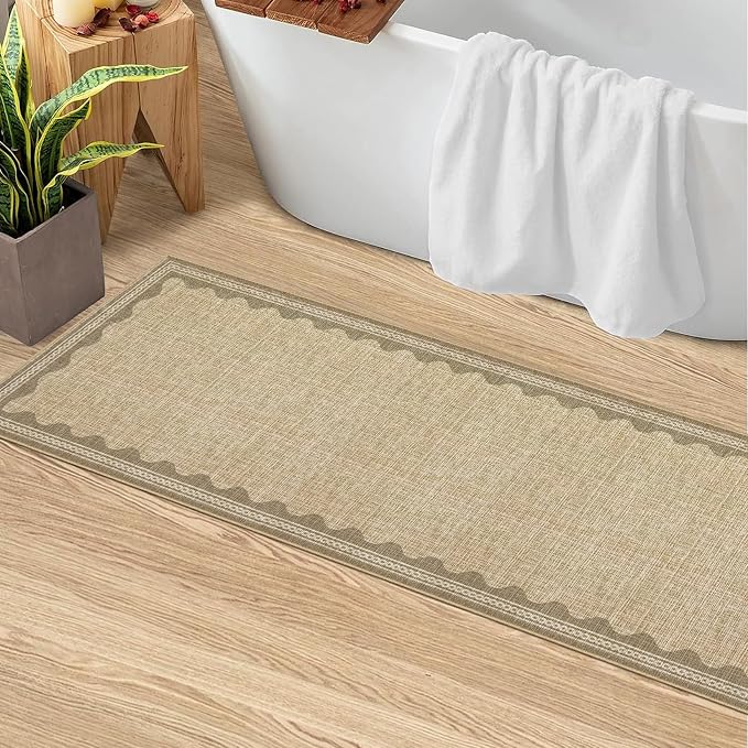 2x6 Scalloped Runners Jute Washable Hallways Bedroom Rug | Solid Non Slip Scalloped Bath Runner, Rugs for Bedroom Girls, Rugs for Kitchen Floor Soft Dorm Nursery Carpet for Bedside
