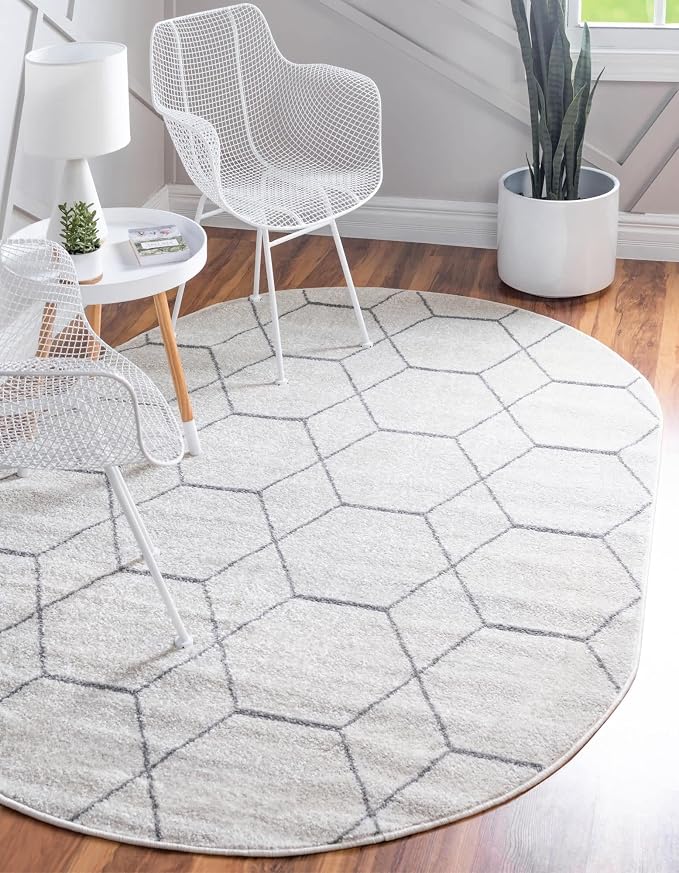 Unique Loom Trellis Frieze Collection Area Rug - Geometric (4' x 6' Oval, Ivory/ Gray)