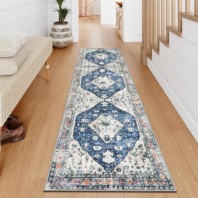 Lahome Felice Boho Tribal Runner Rug - 2x7 Blue Washable Hallway Runner Rug, Vintage Soft Non Slip Low Pile Kitchen Accent Carpet Runners for Entryway Bathroom Doorway Living Room Bedroom