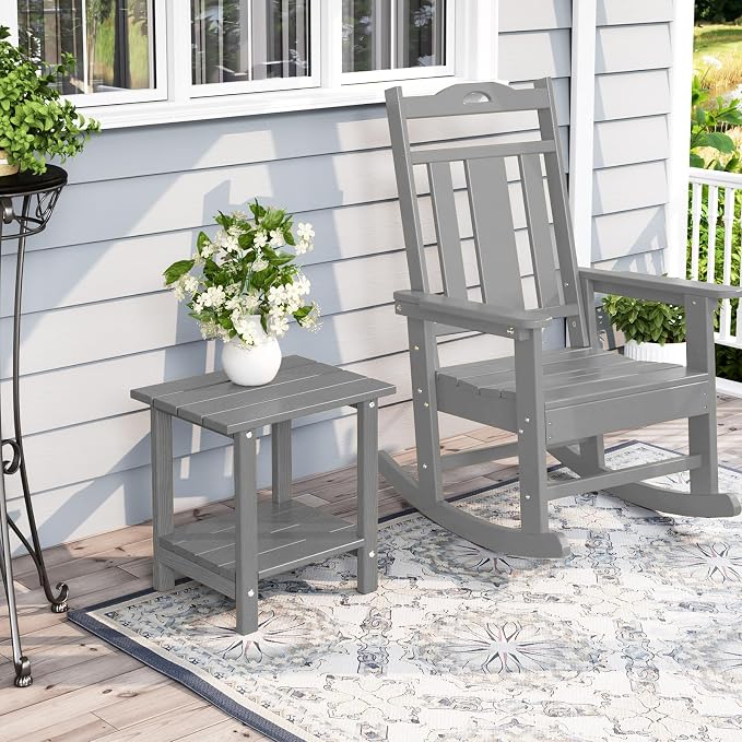 2 Tier Outdoor Side Table with Wood-Like Grain, 16.6" HDPE Adirondack Table Patio Side Table, Weather Resistant End Table for Pool, Patio & Porch, Small Outdoor Table (Grey, Rectangle)