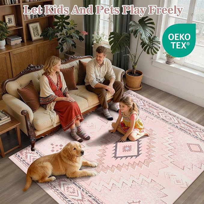 Yinhua Pink Rug for Bedroom, Western 5x7 Rugs for Living Room | Moroccan Washable Area Rug Low-Pile, Soft Aztec Rugs Non-Slip, Non-Shedding Carpet for Dining Table Office Nursery
