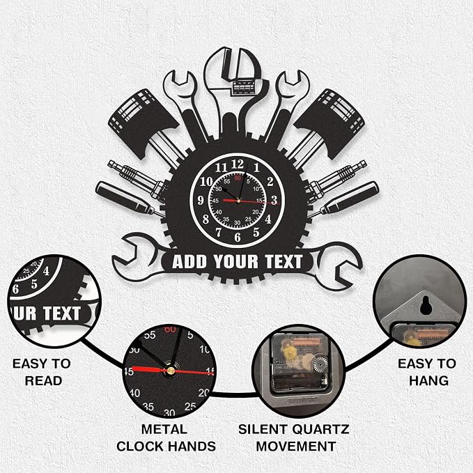 Personalized Outdoor Metal Wall Clock, Custom Name Black Wall Clock with Repair Mechanic Tools Design, Waterproof Silent Non Ticking Wall Clocks for Garage Workshop Office Man Cave, Gifts for Men