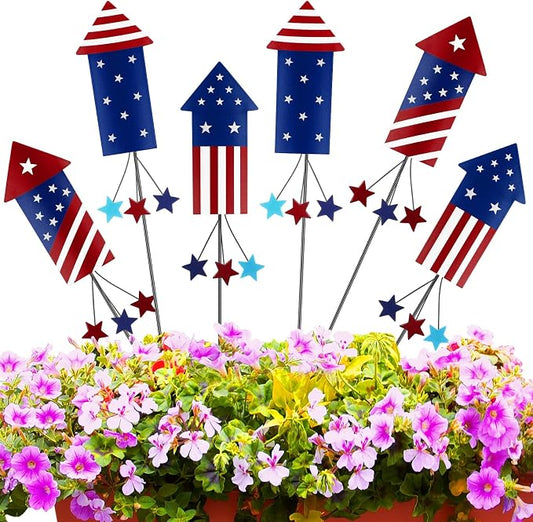 Pickmesh 6 Pcs 12" H 4th of July Outdoor Decor Patriotic Yard Decor Fireworks Red White Blue Metal Yard Sign Garden Stake 250th Anniversary USA Flag Rocket American for Independence Day Decoration