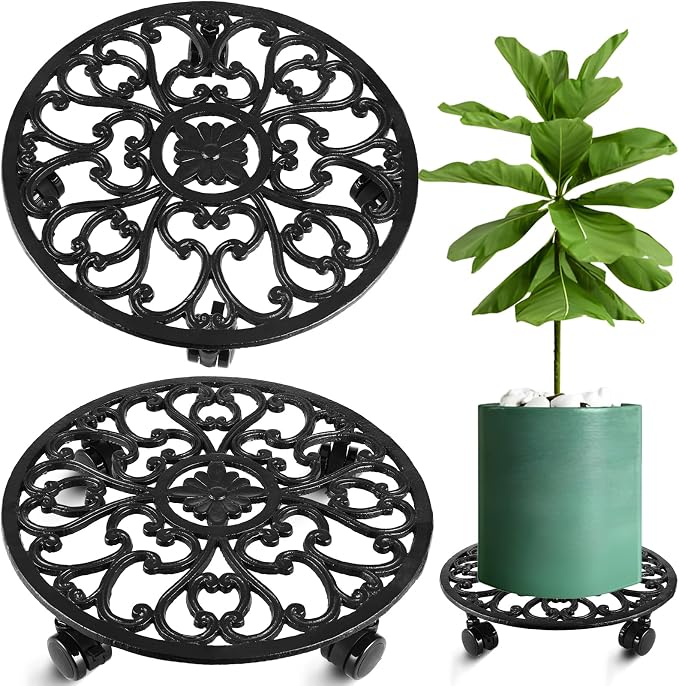2 Packs 14 Inch Rolling Plant Stand with Wheels Metal Plant Caddy with Wheels Heavy Duty Round Plant Stand Indoor Iron Plants Rollers for Plants, Plant Dolly Planter Caddies