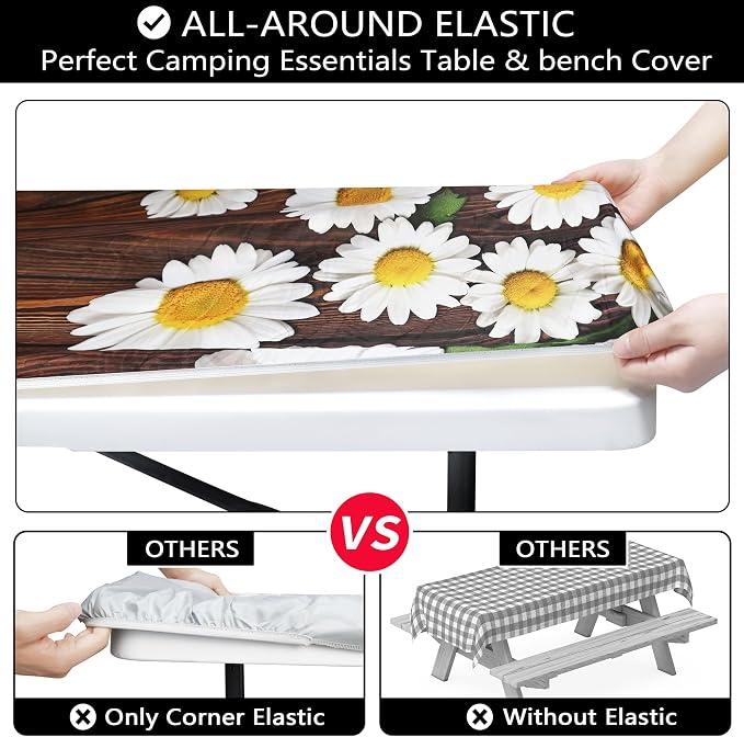 Picnic Table Cover with Bench Covers 6FT Chamomile Daisy Flowers Waterproof Fitted Picnic Table Cloths Wood Texture Outdoor Elastic Picnic Tablecloth Outdoor Camping Essentials(3pcs-72)