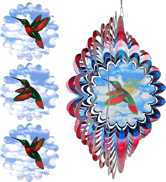 Hummingbird Wind Spinner - 3D Animated Wind Spinners, Garden Decor | 12 inch Kinetic Hanging Sculpture - Creates Flying bird Animation Effect. Outdoor Decoration, Gifts for Women/Men & Christmas