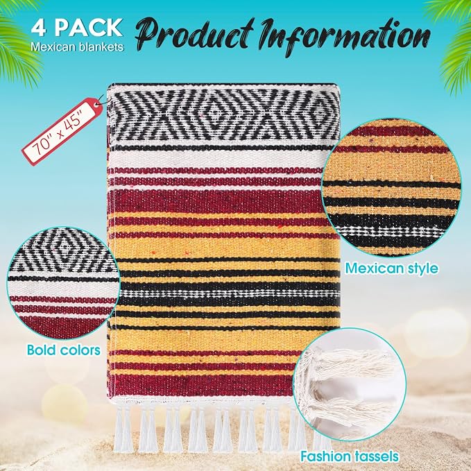 Oudain 4 Pack Mexican Blankets 45 x 70 Inch Woven Serape Throw Blanket, Baja Yoga Blanket for Beach Picnic Camping Boho Couch Decor Travel Outdoor (Fall Color)