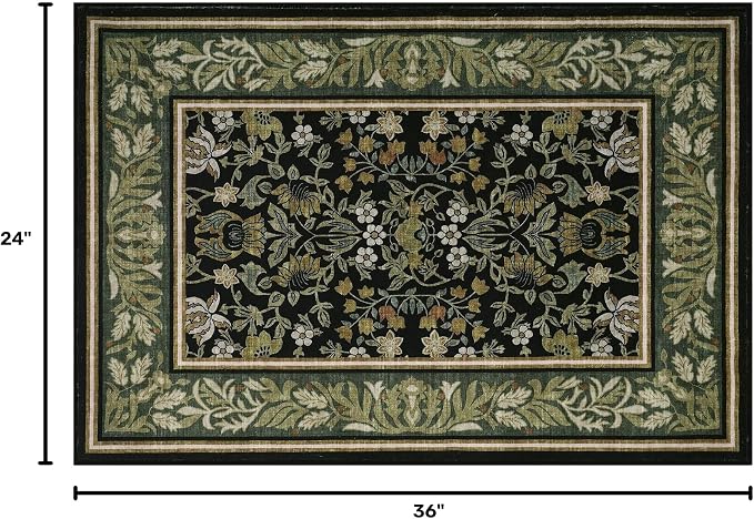 GarveeHome Small Area Rugs 2x3 Non Slip Washable Entryway Rug, Green Black | Boho Vintage Front Door Mat Soft Low-Pile Stain Resistant Indoor Throw Carpet for Kitchen Bathroom Bedroom Decor