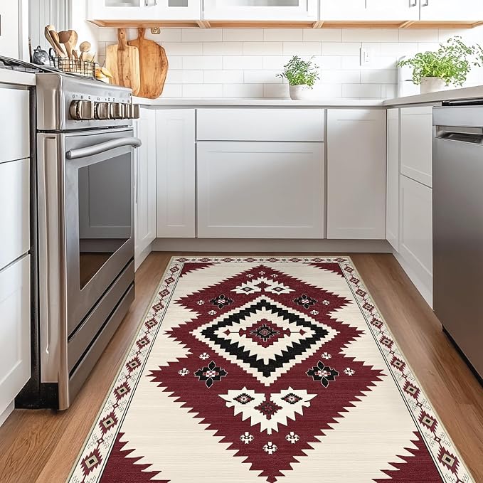 4x6 Western Rugs for Living Room Southwestern Aztec Tribal Area Rug | Washable Southwest Navaj Rugs Low Pile Non-Slip Indoor Floor Carpet for Dining Room Bedroom Kitchen Office, Beige Red
