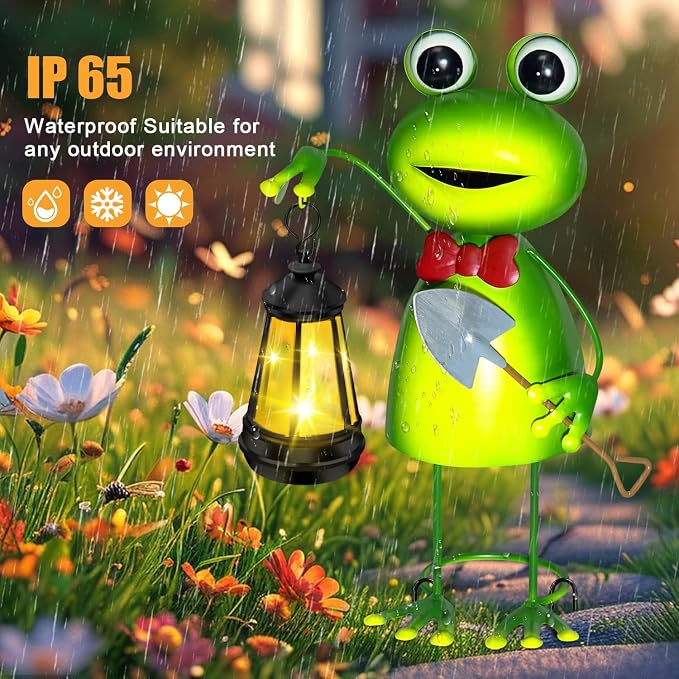 Solar Garden Lights Frog Statue with Solar Lantern Lights,13.78in Tall Frog Decor Fairy Accessories,Birthday Gifts for Women Mom Grandma,Big Metal Decorative Stakes for Home decor,Patio,Porch,Yard Art