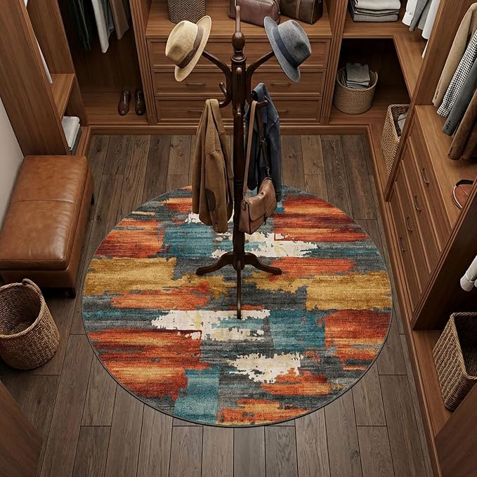 4Ft Burnt Orange and Teal Abstract Brushstroke Area Rug | Soft Low-Pile Machine-Washable Rug with Non-Slip Backing for Dining Rooms, Entryways and Reading Areas for Easy Everyday Care