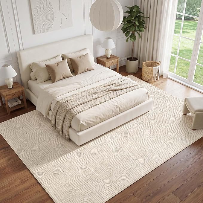Etwel 8x10 Beige Modern Geometric Textured High-Low Pile Washable Area Rug | Soft Carpet, Non-Slip PVC Backing, Low Profile, Kid and Pet Friendly, for Living Room, Bedroom, Dining Room, Nursery