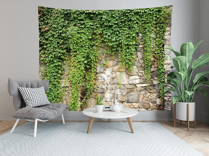 BELECO Spring Garden Wall Art 92x70 Inch Green Leaves Old Stone Wall Overgrown with Leaves Outdoor Nature Greenery Home Decor Aesthetic Living Room Bedroom Dorm Decor