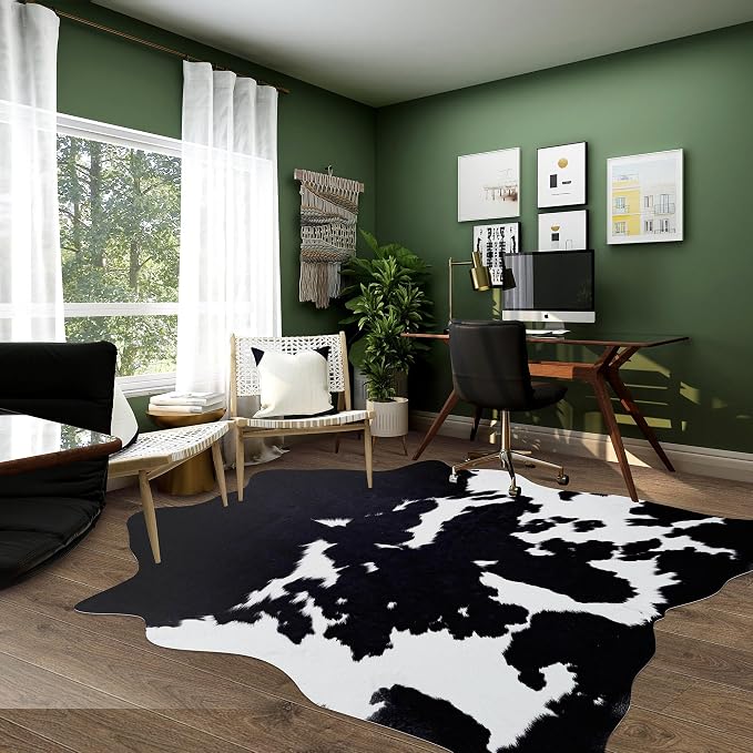 Black Cowhide Rug 5.2x6.2 ft Cow Hide Rug Washable Area Rug Wall Decor | Cow Print Rug Western Rugs for Bedroom Living Room Dining Room Decor Animal Print Carpets-No Fur