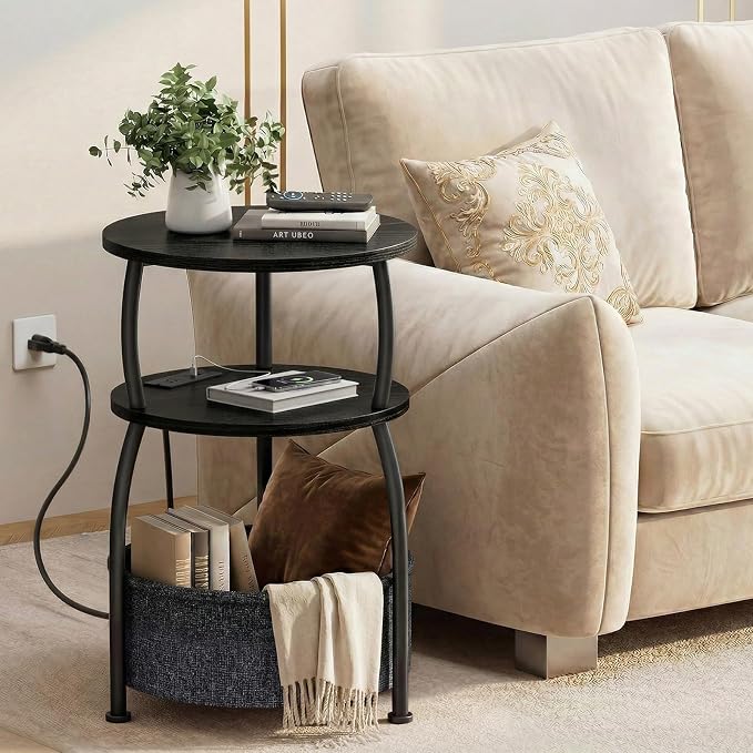 Round Side Table with Charging Station, USB Type C Port, Black | Round End Table with Basket for Living Room, Space Saving, Tall Night Stand for Bedroom Dorm,15.75in Metal and Wood, Rustic