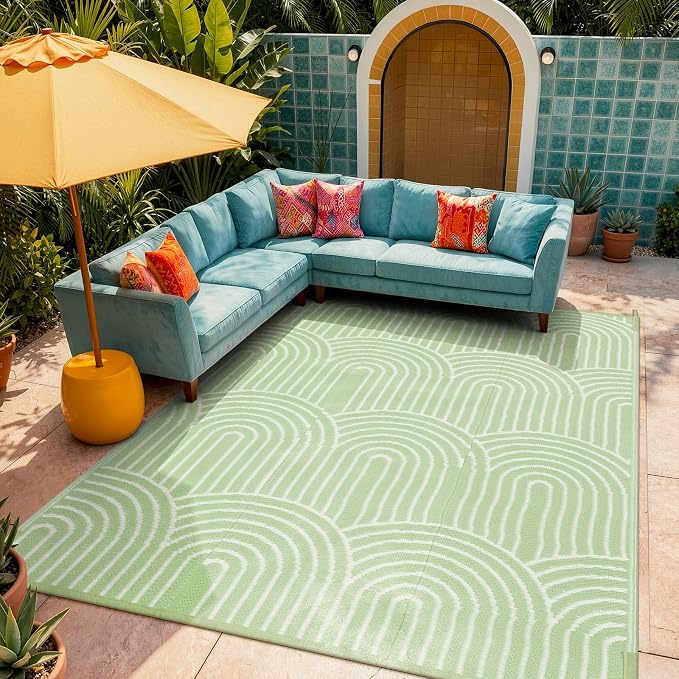 Lahome Deck Rugs Outdoor Waterproof 6x9 Patio Outside Rug, Plastic Straw Reversible Rv Mat,Large Portable Porch Camping Carpet for Balcony Tent (Rainbow Green, 6'x9')