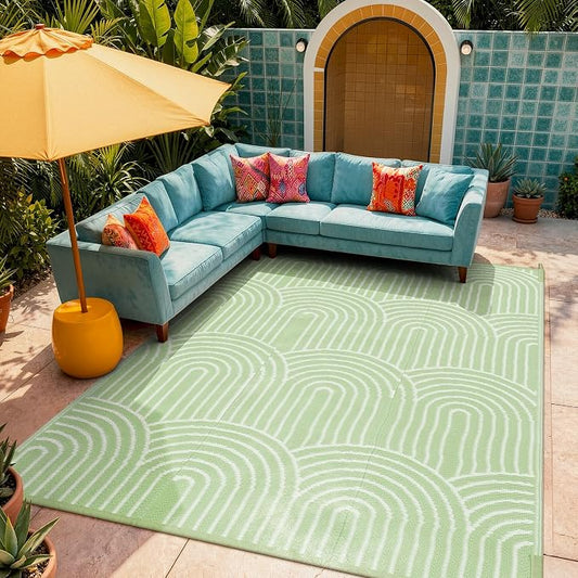 Lahome Large Outdoor Rugs for Patio 9x12,Rv Rugs for Outsides Camper Waterproof, Portable Plastic Straw Proch Carpet for Backyard Under Awning(Green,9'x12')