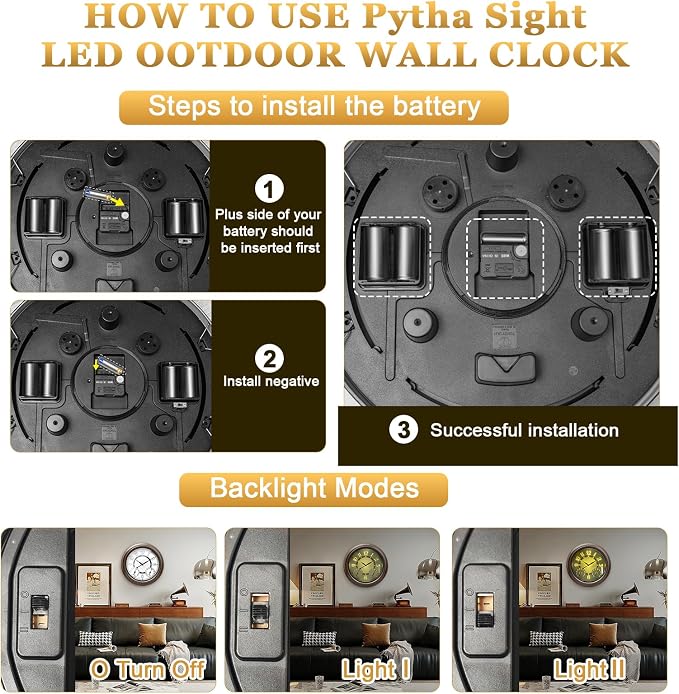 Pytha Sight Illuminated Large Metal Outdoor Clocks Waterproof 18 Inches With AI Auto Light Smart Sensor,Extra Big Indoor Outdoor Wall Clocks With Thermometer & Hygrometer for Patio, Pool, Garden,Porch