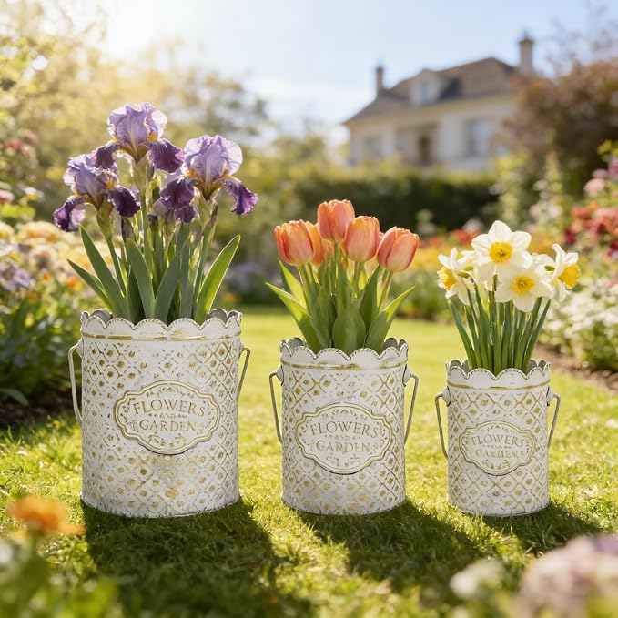 Set of 3 Vintage Distressed Metal Planter Rustic "Flowers and Garden" Embossed Flower Pots with Scalloped Edge & Handle Farmhouse Decorative Floral Buckets for Dried Flowers, Home Garden Decor