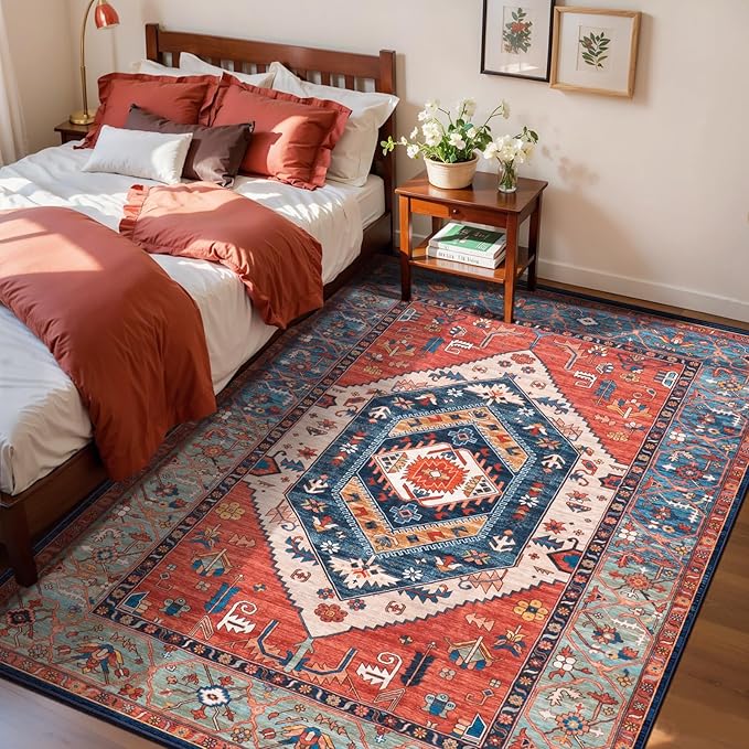 SERISSA 3x5 Washable Non Slip Boho Area Rug for Bedroom，Rust | Ultra Soft Vintage Oriental Carpet Low-Pile Distressed Tribal Throw Rug Carpet for Living Room Nursery Kitchen Dorm Decor