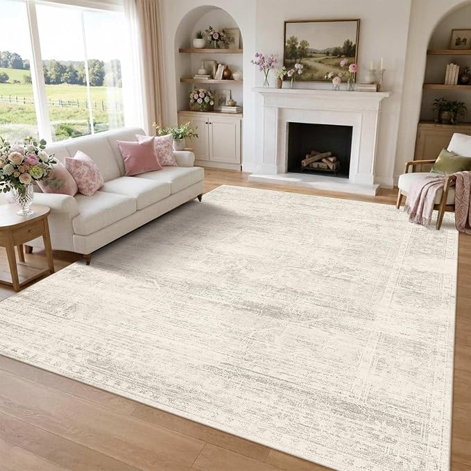 Latte&Fog 9x12 Area Rugs for Living Room Washable Ivory Area Rugs Large | for Bedroom Dining Kitchen Kids Playroom Nursery Classroom Dorm Farmhouse Office, Non Slip Low Pile Soft Floral Carpet Indoor