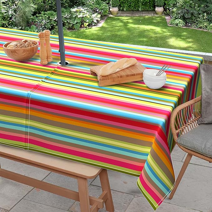 Outdoor Tablecloth with Umbrella Hole and Zipper, Rectangle Patio Table Covers for Spring/Summer, Machine Washable Outdoor Picnic Table Cloth (01stripes, 60" × 84" Rectangular)