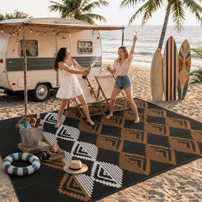 Lahome Outdoor Plastic Straw Rug, Reversible Outdoor Rug Waterproof 6x9 Patio Rugs, Camping Rugs for RV Backyard Deck Porch Picnic Beach Trailer (Black/Brown, 6' x 9')