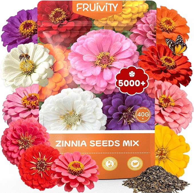 Zinnia Seeds for 2026 Planting, 5000+ Flowers Seeds, 7 Vibrant Colors Mix & Large Bloom, Heirloom Wildflower Seeds for Pollinator Garden Outdoor Borders, Easy to Grow Annual Flowers