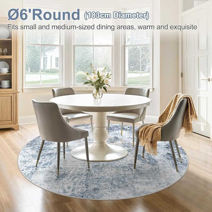 DMOYEST 6ft Round Area Rug for Living Room Washable Non Slip Circle Rug | 6x6 Neutral Modern Abstract Low Pile Rugs Kid & Pet Friendly Soft Carpet for Bedroom and Dining Room - Blue