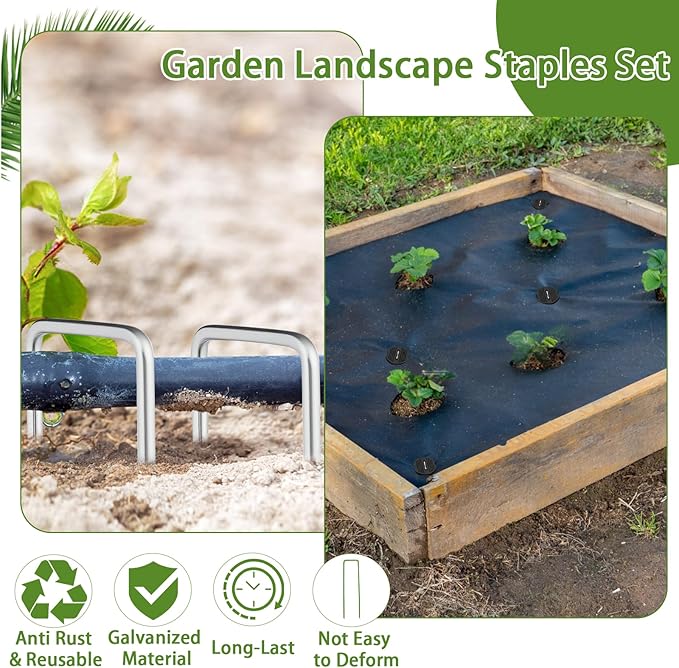 200PCS Garden Stakes Staples 6 inch Landscape Fabric Pins Lawn 100Pcs U Shaped Galvanized Staples Ground Stakes Landscaping Pins with 100Pcs Gasket for Weed Barrier Plant Cover Decorations
