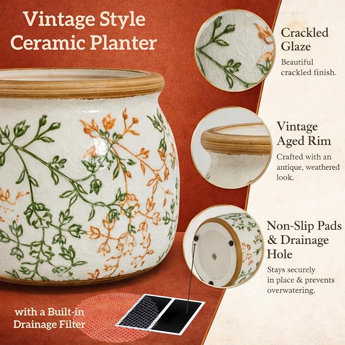 Vintage Ceramic Flower Pot - Indoor Outdoor Planters with Drainage Holes & Filter Screen, 6.5’’ Small Rustic Farmhouse Decorative Plant Pots for Garden/Patio/Balcony (Bicolor Vines, Small)